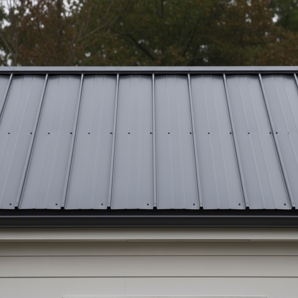 **Alt Text:** A metal roof and portion of a white house with trees in the background.